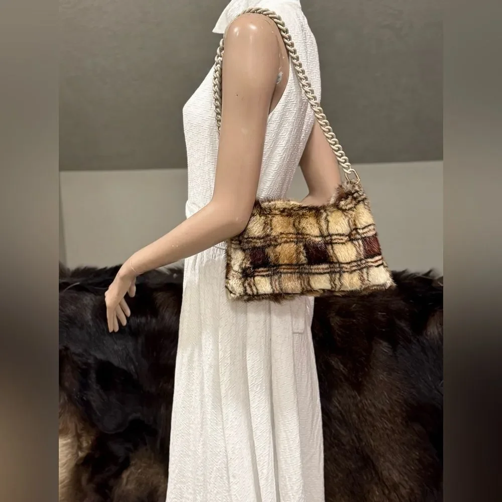 Plaid Print Real Muskrat Fur Handmade Slouchy Bag/Shoulder Bag/Crossbody